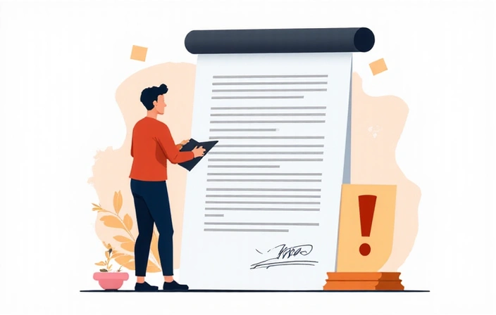 Ilustración de una persona leyendo un contrato con un signo de exclamación